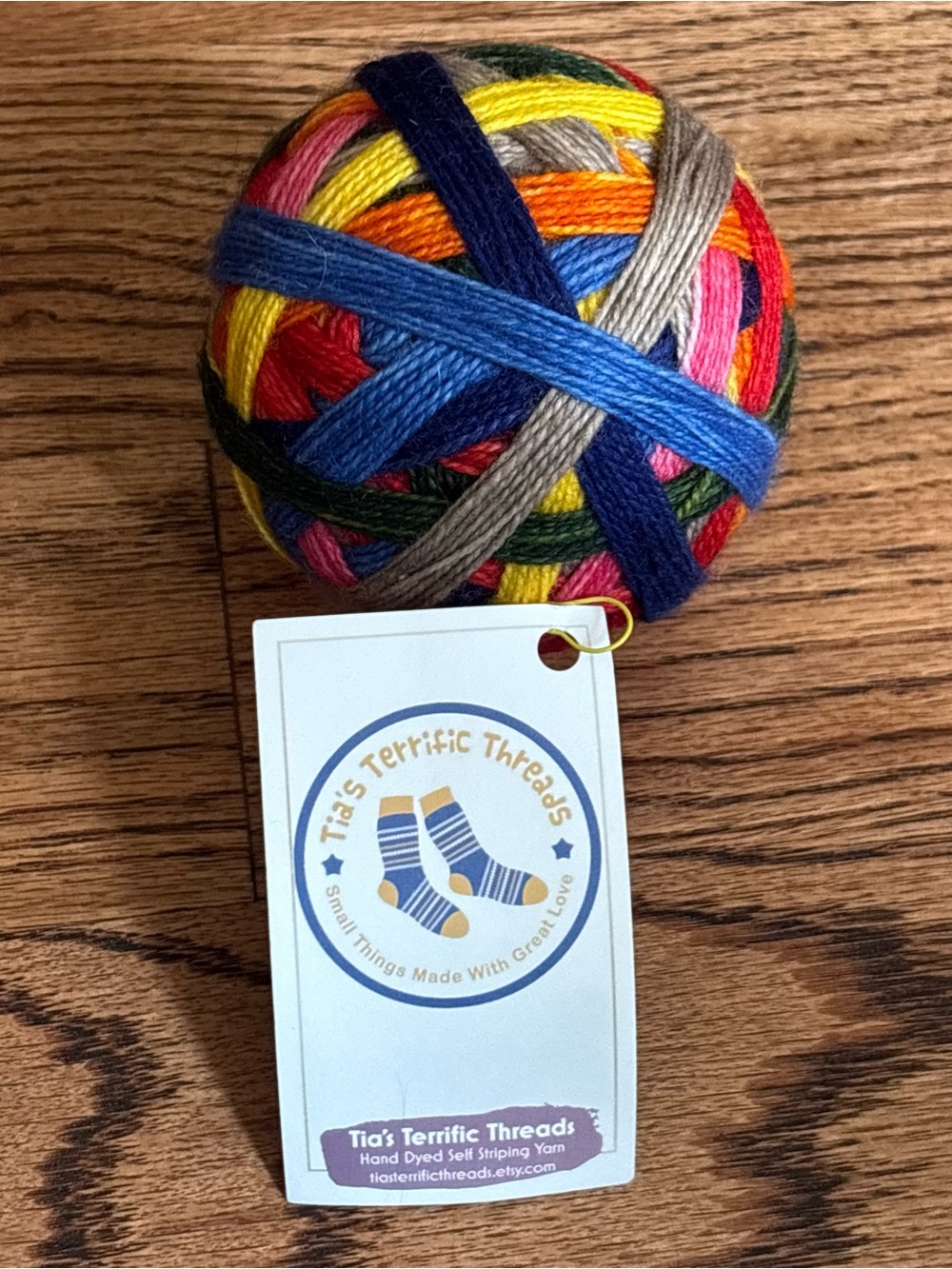 Tia's Terrific Threads Yarn Self Striping Blue Green Red Pink Wool Knit Handmade